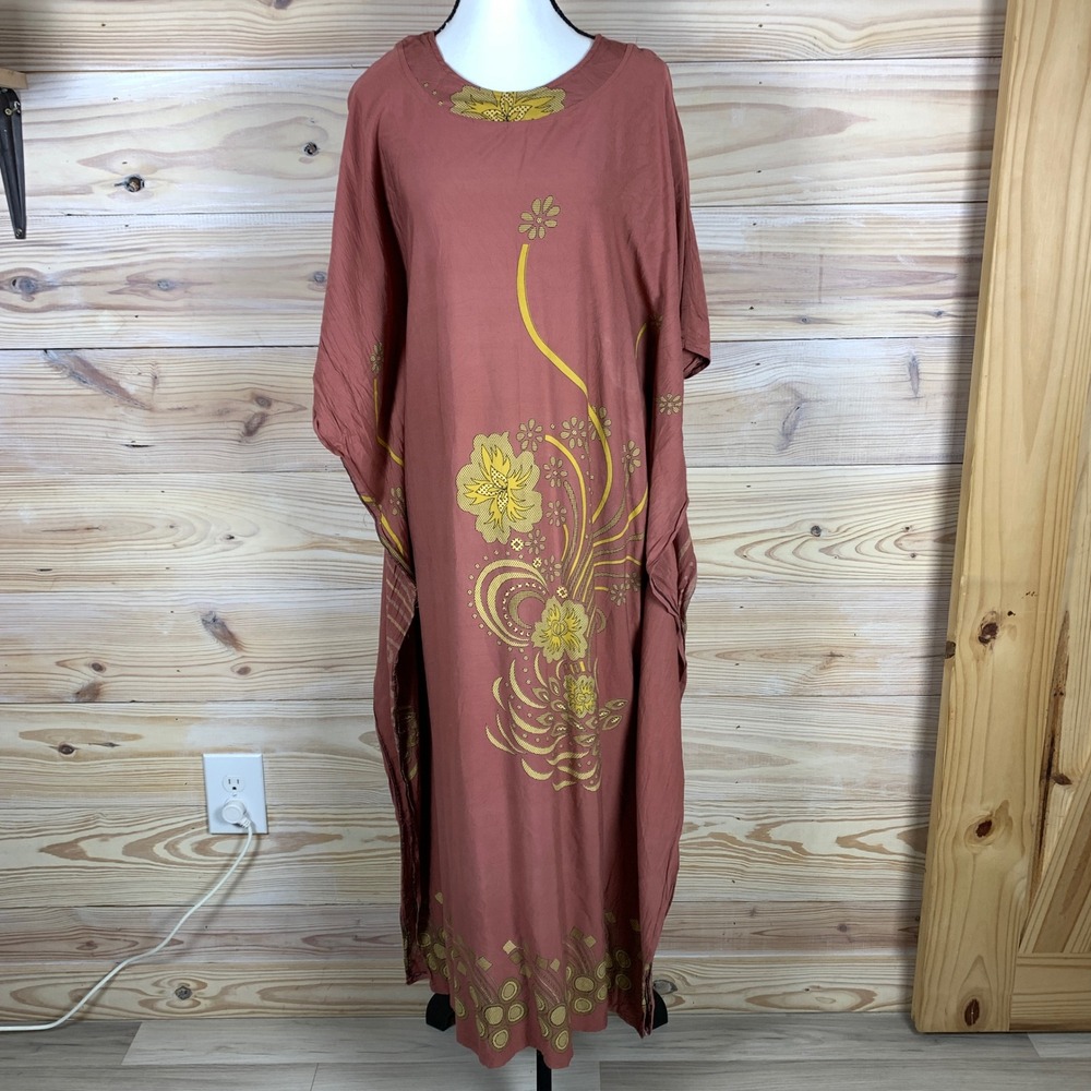 LWJYN Collection Kaftan Dress Womens Medium Terracotta Yellow Floral Batik Maxi‎